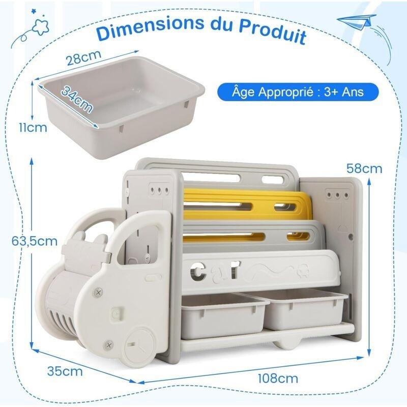 Bej ve Gri HDPE Araba Şeklinde Çıkarılabilir Kutulu Raflı Oyuncak Dolabı - 108x35x64 cm - 150571
