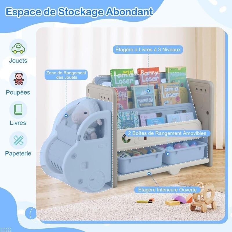 Bej ve Gri HDPE Araba Şeklinde Çıkarılabilir Kutulu Raflı Oyuncak Dolabı - 108x35x64 cm - 150571