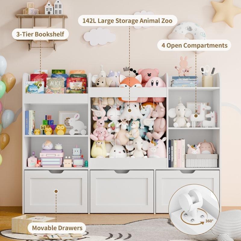 Beyaz 5i 1 Arada Kitaplıklı 3 Çekmeceli Montessori Oyuncak Dolabı - 105 cm - 149979