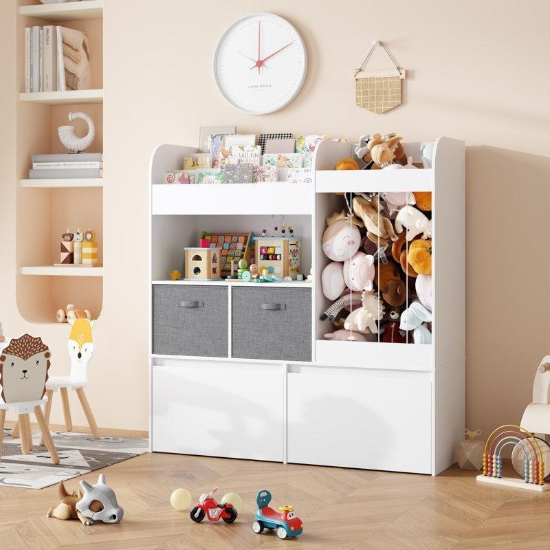 Beyaz Ahşap 3 Katlı Raflı ve Oyun Matlı Çekmeceli Oyuncak Dolabı - 109 cm - 150057