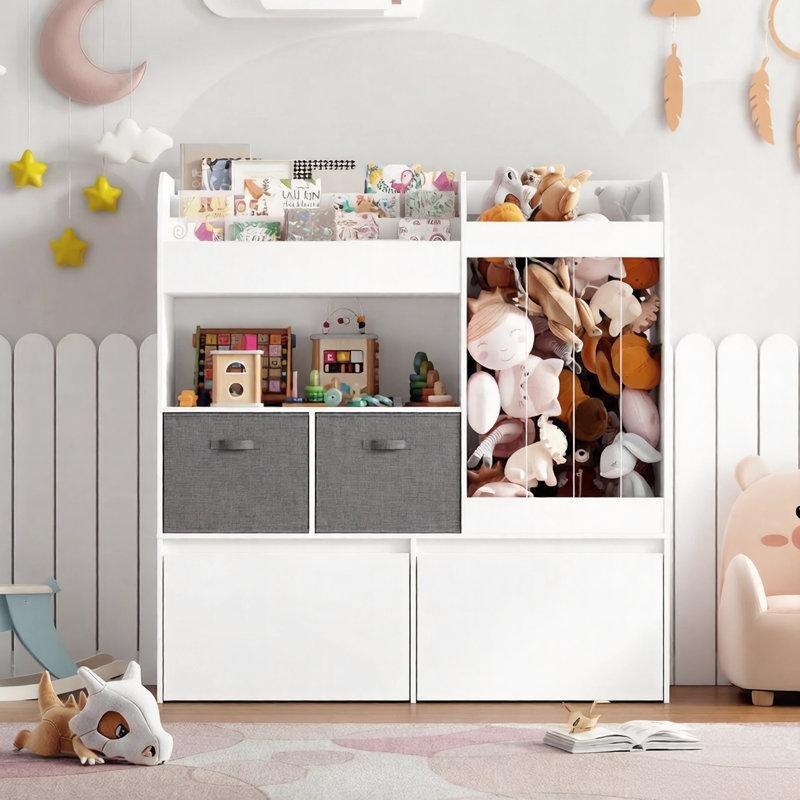 Beyaz Ahşap 3 Katlı Raflı ve Oyun Matlı Çekmeceli Oyuncak Dolabı - 109 cm - 150057