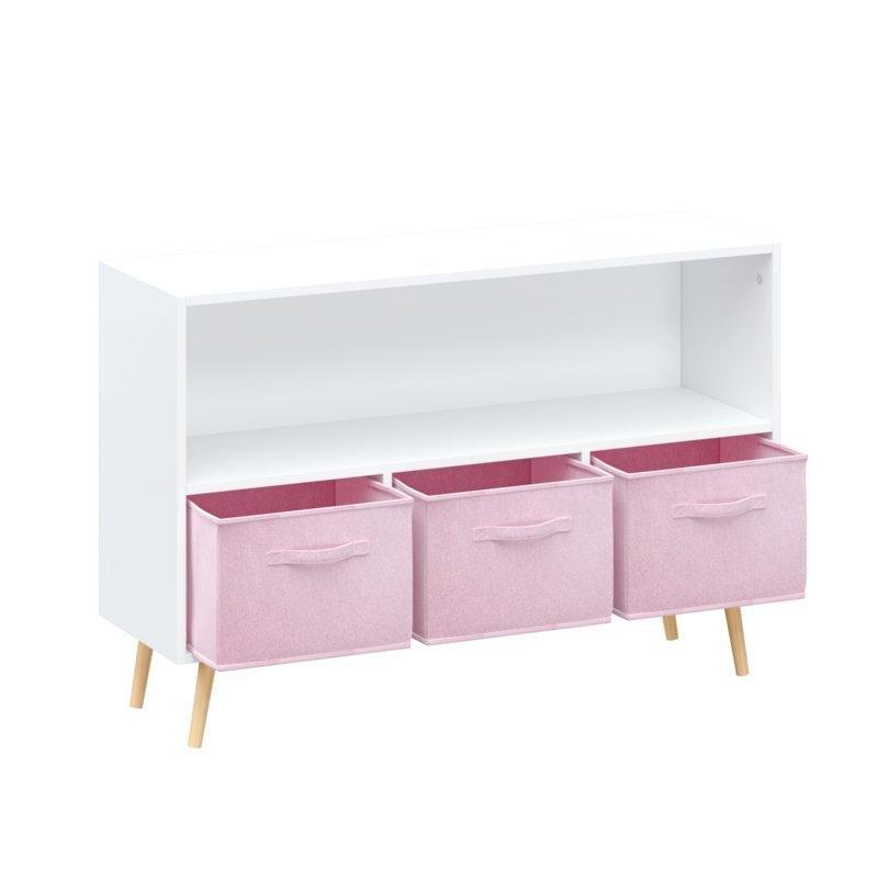 Beyaz Ahşap 3 Kumaş Sepetli Raflı Oyuncak Dolabı - 90x28x60 cm - 150336