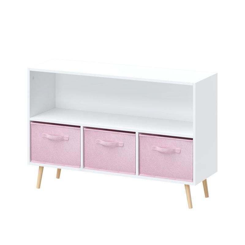 Beyaz Ahşap 3 Kumaş Sepetli Raflı Oyuncak Dolabı - 90x28x60 cm - 150336