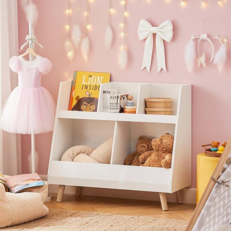 Beyaz Ahşap 5 Bölmeli Çekmeceli Ayaklı Montessori Oyuncak Dolabı - 86x36x78 cm - 149952