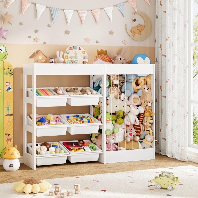 Beyaz Ahşap 6 Plastik Kutulu ve Kitaplıklı 3ü 1 Arada Oyuncak Dolabı - 129 cm - 150387