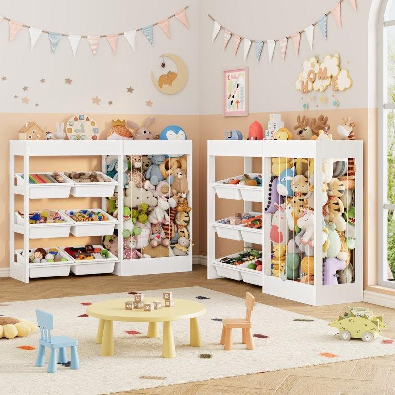 Beyaz Ahşap 6 Plastik Kutulu ve Kitaplıklı 3ü 1 Arada Oyuncak Dolabı - 129 cm - 150387