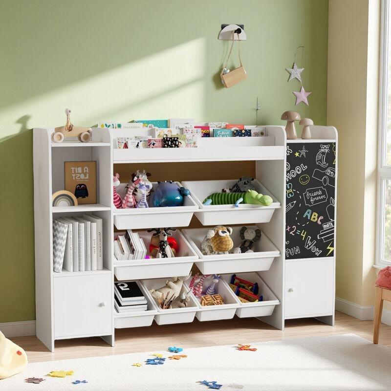 Beyaz Ahşap 8 Sepetli 3 Kapaklı Raflı Oyuncak Dolabı - 137x30x95 cm - 150646