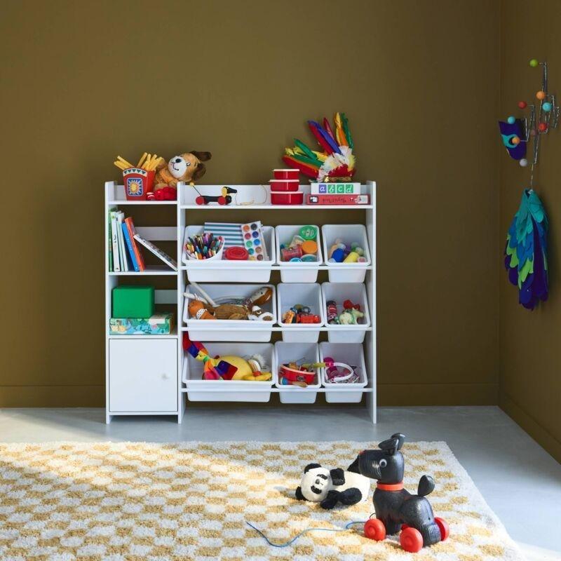 Beyaz Ahşap 9 Plastik Sepetli 4 Raflı Kapaklı Oyuncak Dolabı - 112x30x100 cm - 150931