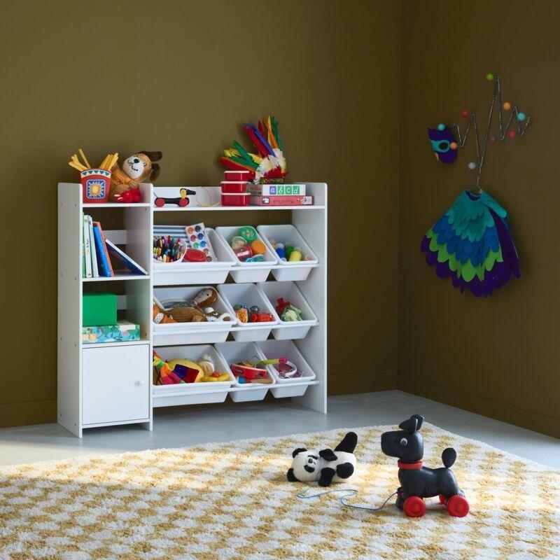 Beyaz Ahşap 9 Plastik Sepetli 4 Raflı Kapaklı Oyuncak Dolabı - 112x30x100 cm - 150931