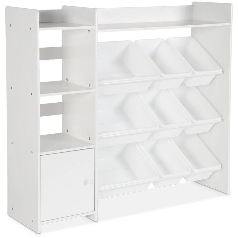 Beyaz Ahşap 9 Plastik Sepetli 4 Raflı Kapaklı Oyuncak Dolabı - 112x30x100 cm - 150931