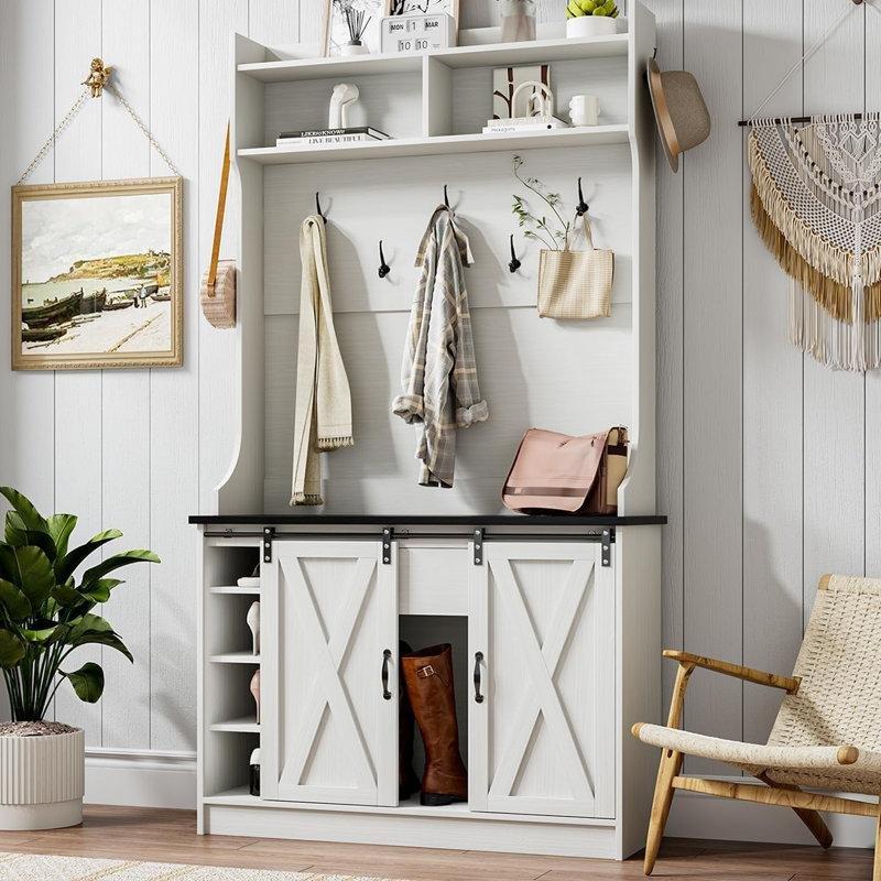 Beyaz Ahşap Ayakkabılıklı Oturaklı Portmanto Vestiyer - 107 cm - 159565