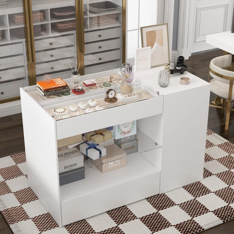 Beyaz Ahşap Cam Tezgahlı 8 Çekmeceli Raflı Takı Şifonyeri - 120 cm - 145365