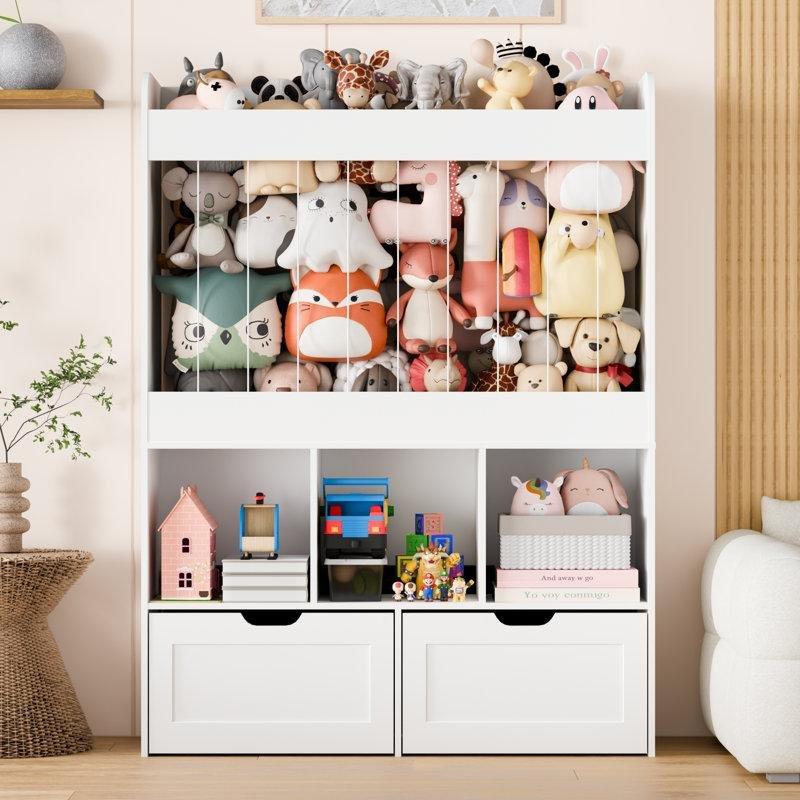 Beyaz Ahşap Çekmeceli Raflı Pelüş Oyuncak Bölmeli Oyuncak Dolabı - 132 cm - 150219