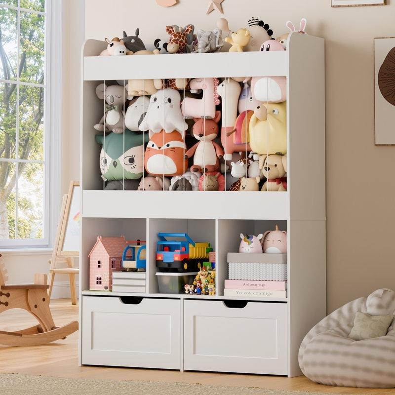 Beyaz Ahşap Çekmeceli Raflı Pelüş Oyuncak Bölmeli Oyuncak Dolabı - 132 cm - 150219