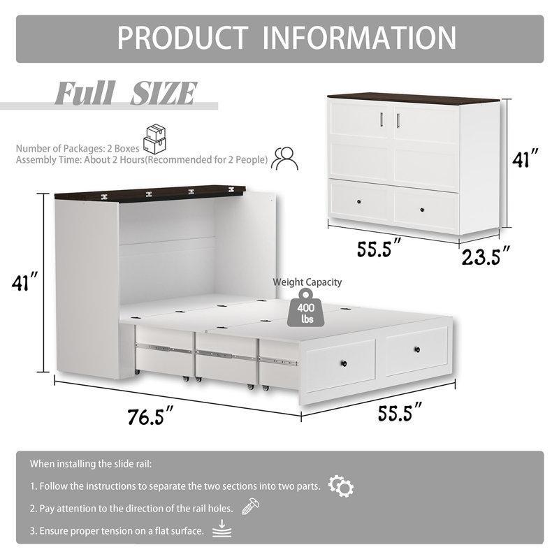 Beyaz Ahşap Çekmeceli USB Şarjlı Katlanır Duvar Yatağı - 141x195 cm - 144417