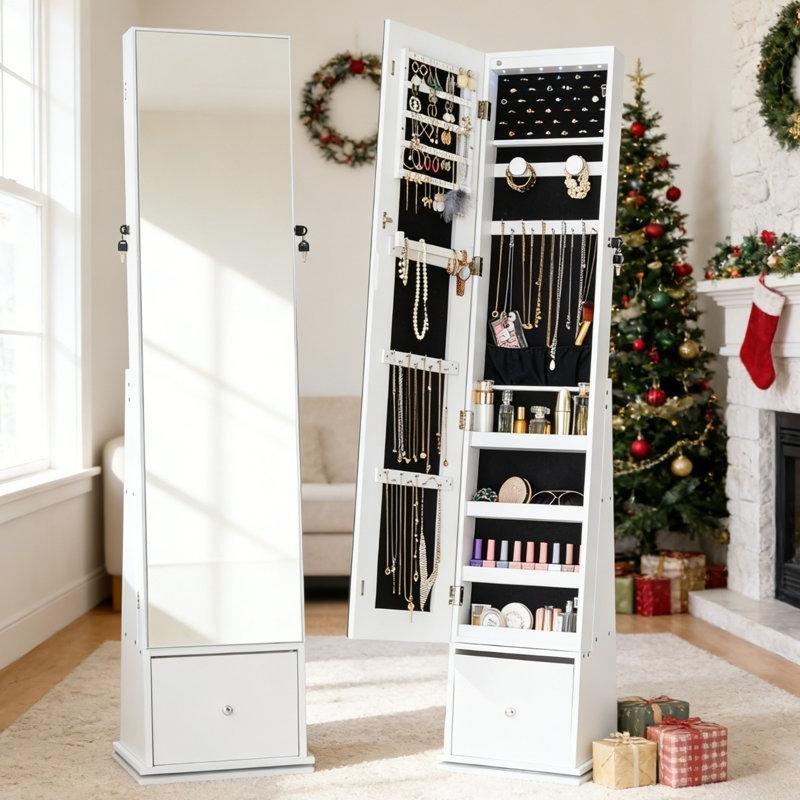 Beyaz Ahşap Dönebilen Tekerlekli LED Işıklı Kilitli Boy Aynalı Takı Dolabı - 168x46 cm - 145353