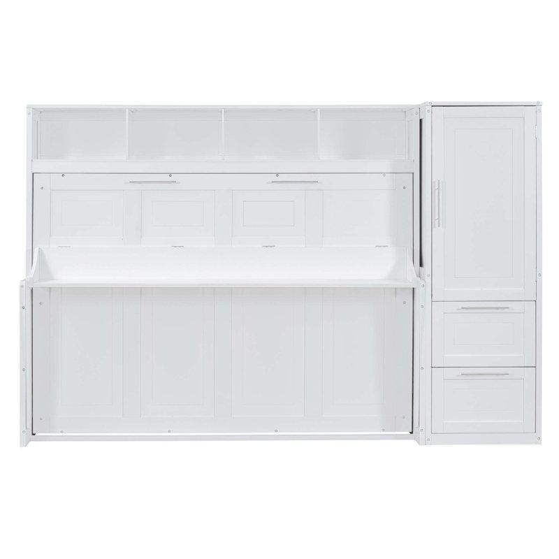 Beyaz Ahşap Gardıroplu Çekmeceli ve Raflı Duvar Yatağı - 274 cm - 144369