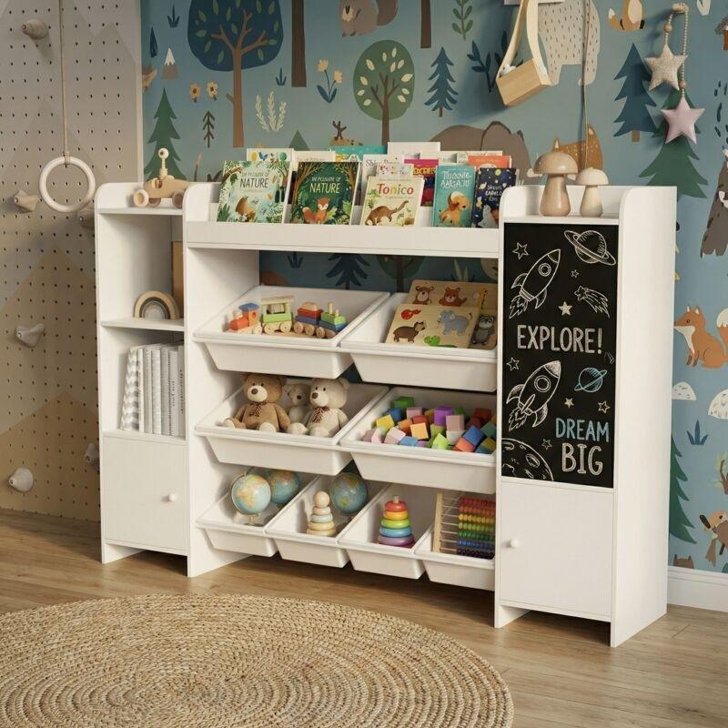 Beyaz Ahşap Kara Tahtalı ve Sepetli Oyuncak Dolabı - 137 cm - 150955