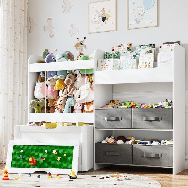 Beyaz Ahşap Kitaplıklı Kumaş Sepetli ve Tekerlekli Kutulu Oyuncak Dolabı - 131 cm - 150351