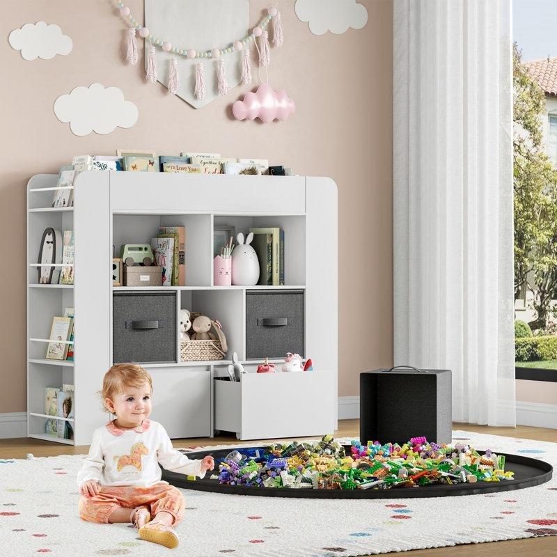 Beyaz Ahşap Kitaplıklı ve Oyun Matlı Tekerlekli Oyuncak Dolabı - 123 cm - 150513