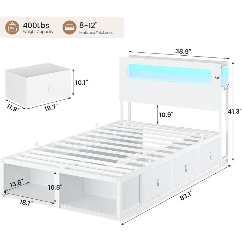 Beyaz Ahşap LED Aydınlatmalı 6 Çekmeceli USB Şarj Portlu Karyola - 143032