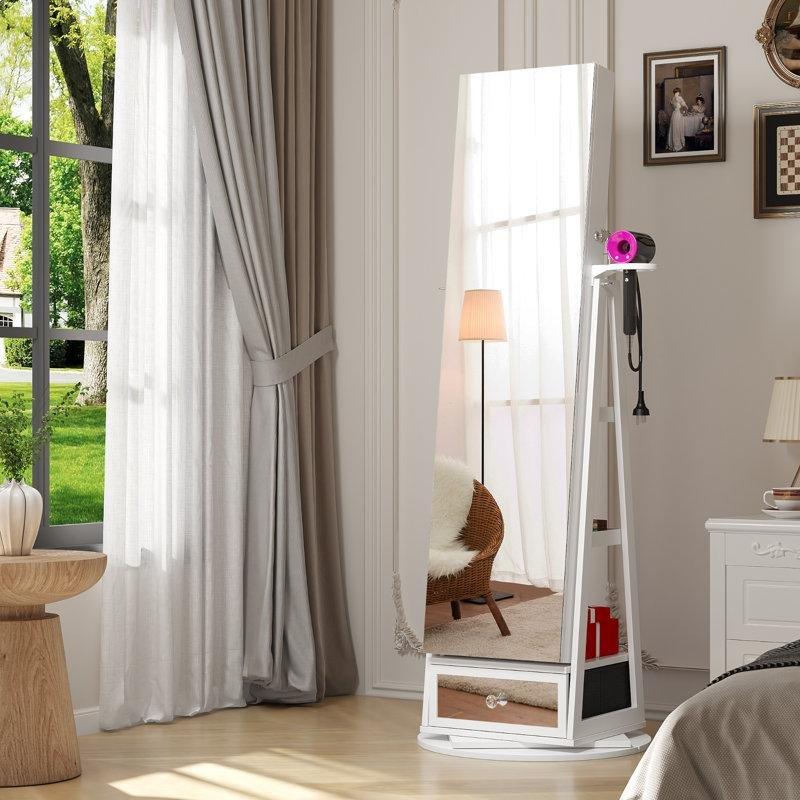 Beyaz Ahşap LED Işıklı Dönebilen Kilitli Boy Aynalı Takı Dolabı - 145383