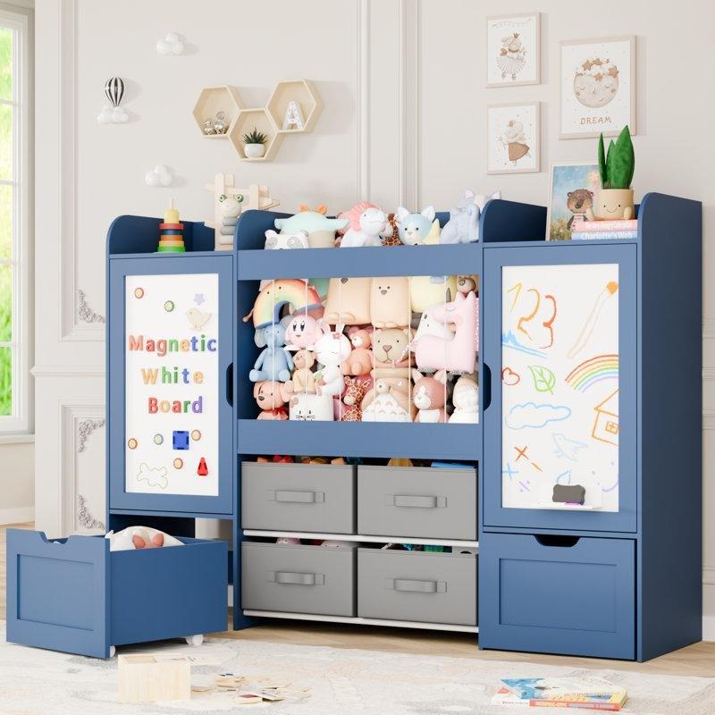 Beyaz Ahşap Manyetik Çizim Tahtalı ve Çekmeceli Montessori Tekerlekli Oyuncak Dolabı - 155 cm - 150171