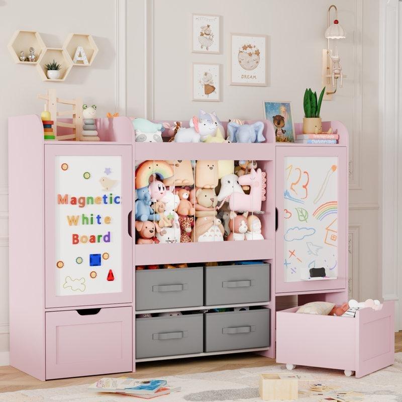 Beyaz Ahşap Manyetik Çizim Tahtalı ve Çekmeceli Montessori Tekerlekli Oyuncak Dolabı - 155 cm - 150171