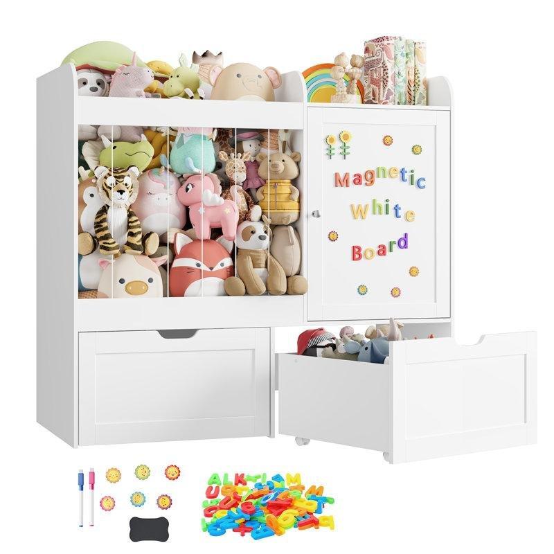 Beyaz Ahşap Manyetik Yazı Tahtalı Pelüş Oyuncak Bölmeli Tekerlekli Çekmeceli Montessori Oyuncak Dolabı - 104x35x95 cm - 150552