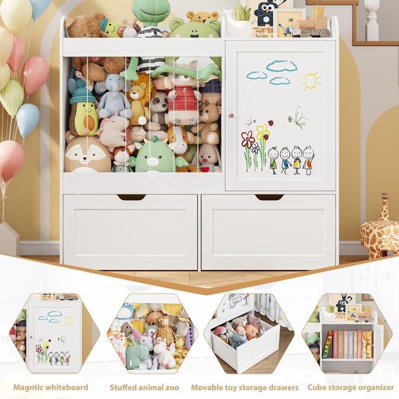 Beyaz Ahşap Manyetik Yazı Tahtalı Pelüş Oyuncak Bölmeli Tekerlekli Çekmeceli Montessori Oyuncak Dolabı - 104x35x95 cm - 150552