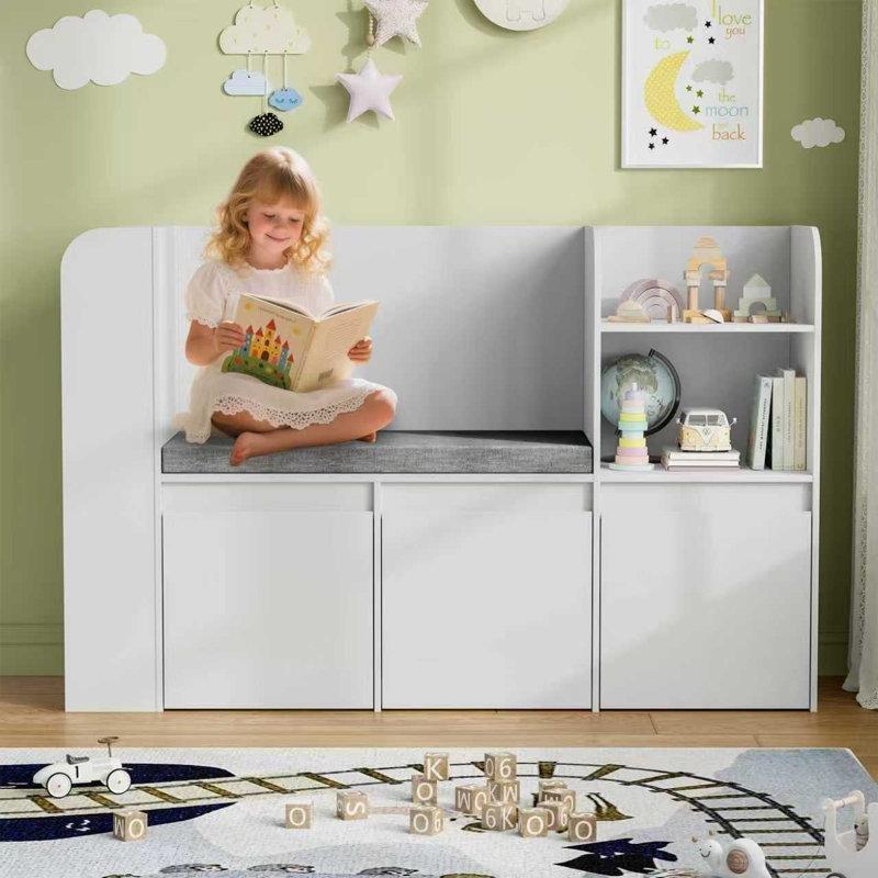 Beyaz Ahşap Minderli 3 Çekmeceli Raflı Tekerlekli Oyuncak Dolabı - 124 cm - 150501