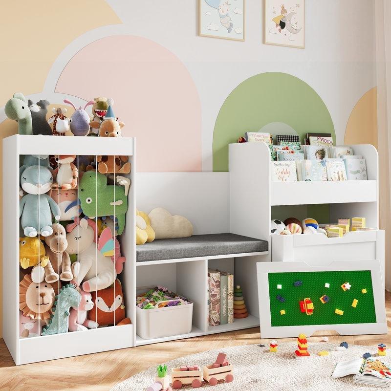 Beyaz Ahşap Minderli Kitaplıklı ve Çekmeceli Oyuncak Dolabı - 81 cm - 150036