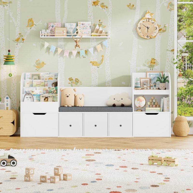 Beyaz Ahşap Minderli Okuma Köşeli ve Tekerlekli Çekmeceli Oyuncak Dolabı - 181 cm - 150390
