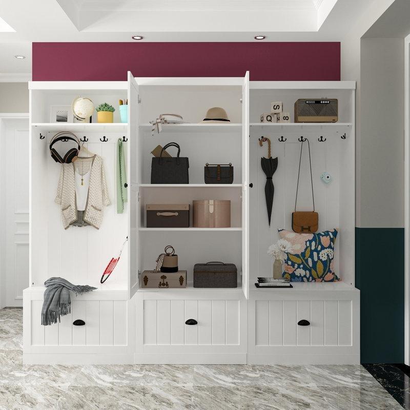 Beyaz Ahşap Oturaklı 3 Çekmeceli ve 12 Askılı Portmanto Vestiyer - 213 cm - 159766