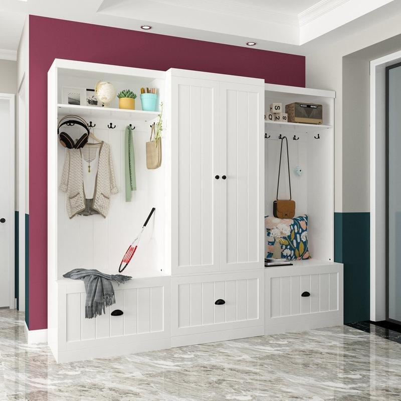 Beyaz Ahşap Oturaklı 3 Çekmeceli ve 12 Askılı Portmanto Vestiyer - 213 cm - 159766