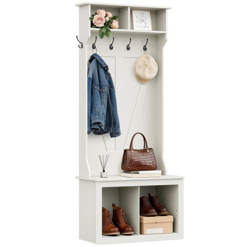 Beyaz Ahşap Oturaklı 6 Askılı 2 Raflı Portmanto Vestiyer - 80x40x190 cm - 159655