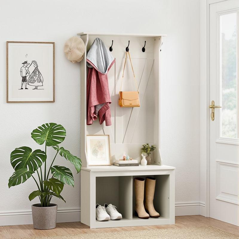 Beyaz Ahşap Oturaklı 6 Askılı Raflı Portmanto Vestiyer - 80 cm - 159520