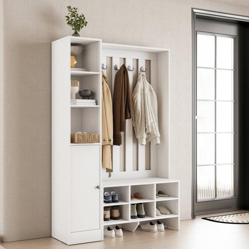 Beyaz Ahşap Oturaklı Çekmeceli 9 Askılı Portmanto Vestiyer - 211 cm - 159604