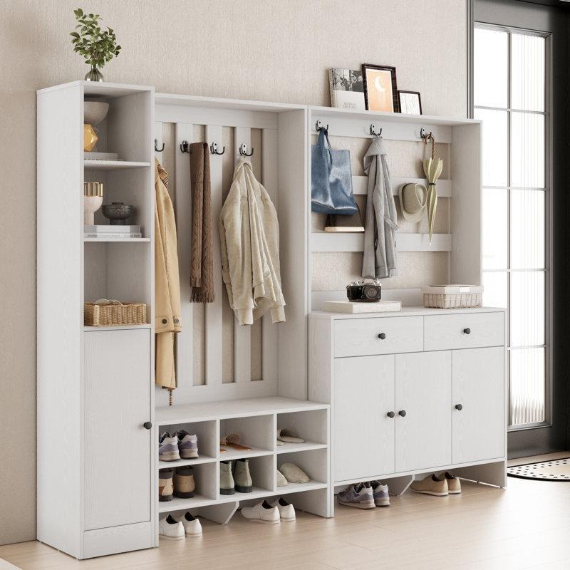 Beyaz Ahşap Oturaklı Çekmeceli 9 Askılı Portmanto Vestiyer - 211 cm - 159604