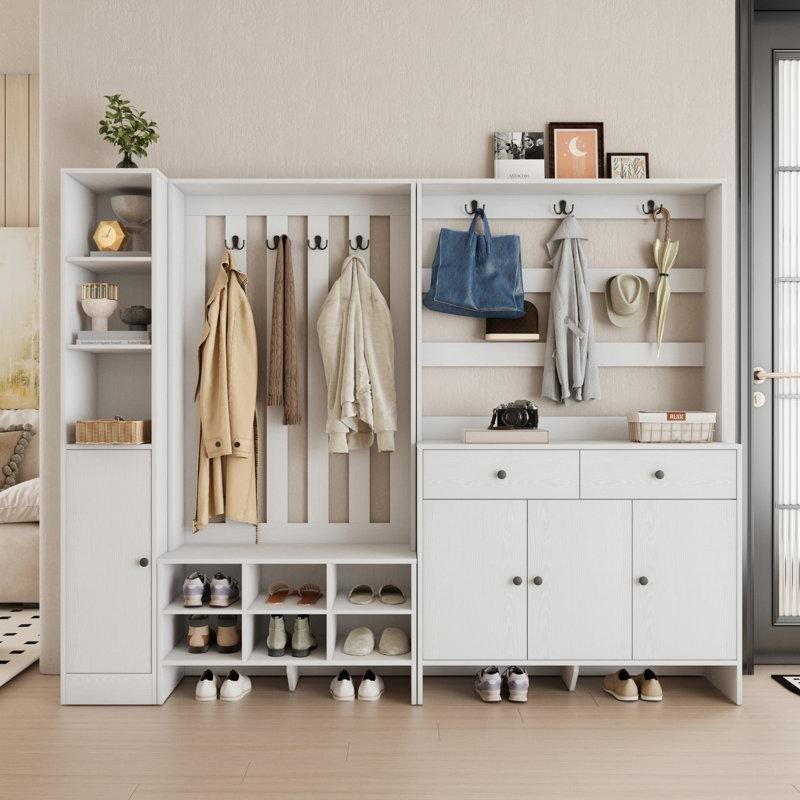 Beyaz Ahşap Oturaklı Çekmeceli 9 Askılı Portmanto Vestiyer - 211 cm - 159604