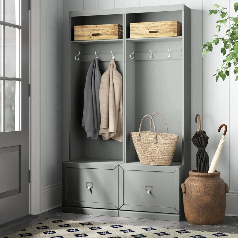 Beyaz Ahşap Oturaklı Çekmeceli ve Raflı Portmanto Vestiyer - 112 cm - 159586