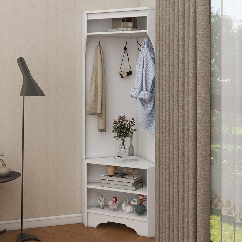 Beyaz Ahşap Oturaklı Dört Askılı Köşe Portmanto Vestiyer - 75x43x182 cm - 159409