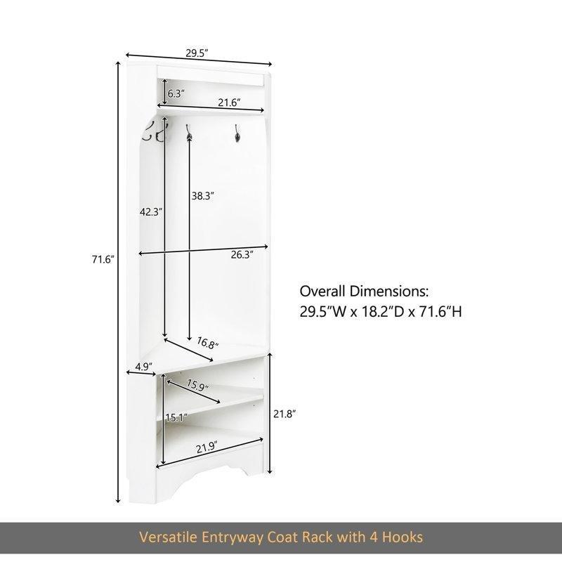 Beyaz Ahşap Oturaklı Dört Askılı Köşe Portmanto Vestiyer - 75x43x182 cm - 159409