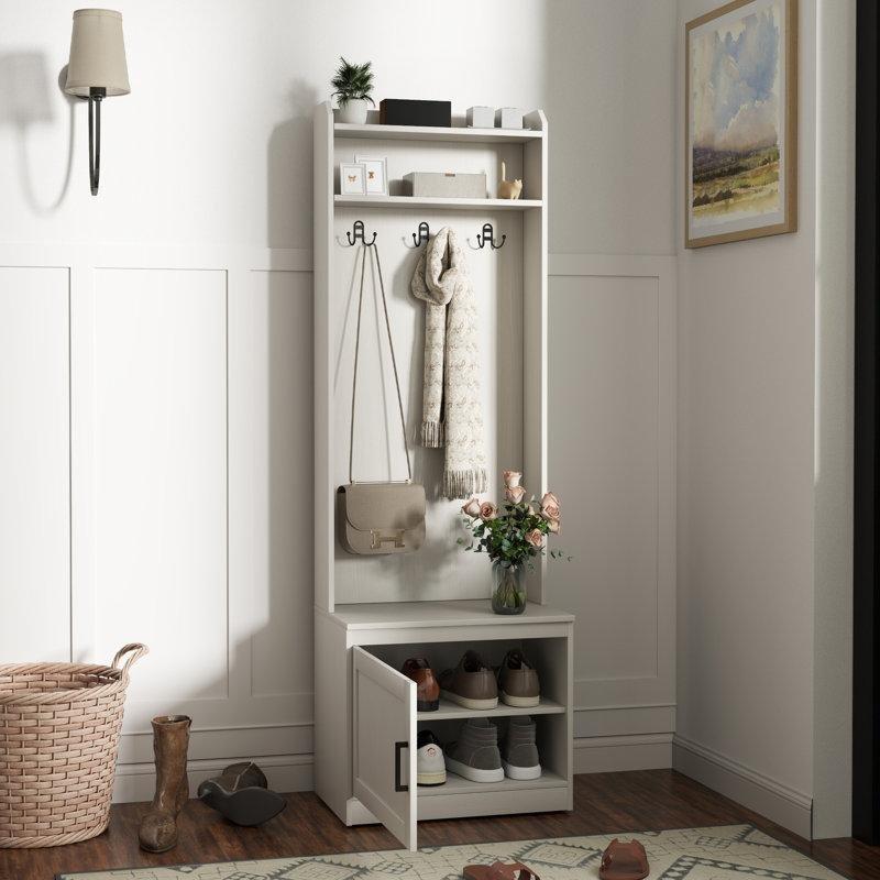 Beyaz Ahşap Oturaklı Raflı Dar Portmanto Vestiyer - 60 cm - 159676
