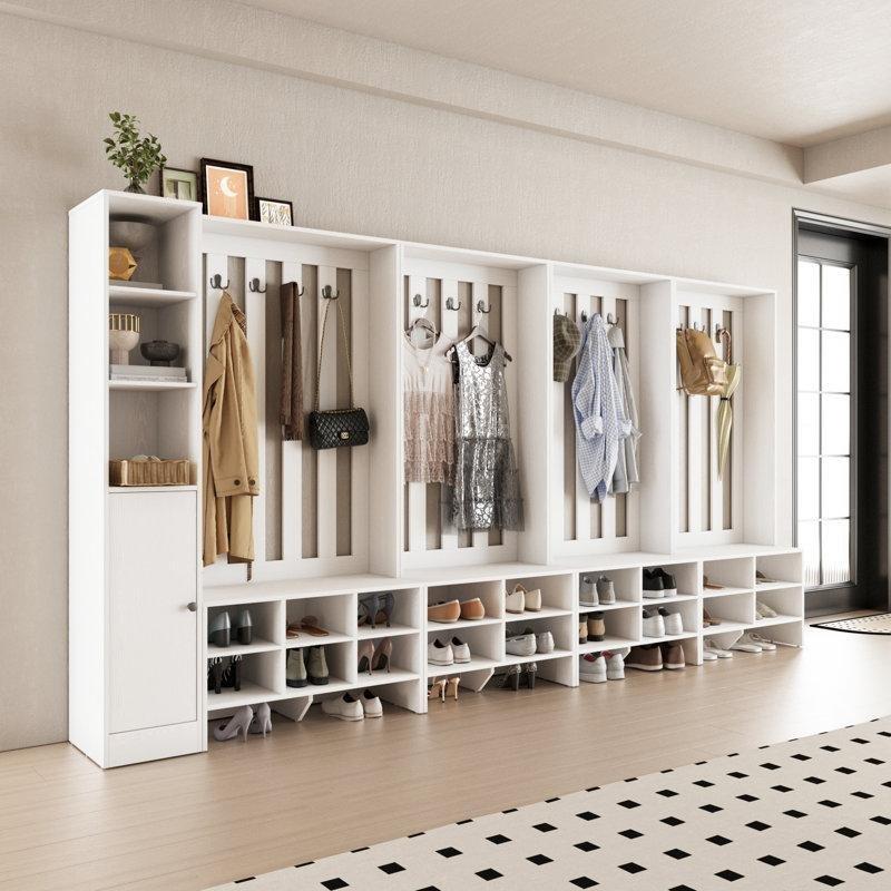 Beyaz Ahşap Oturaklı ve Çekmeceli Portmanto Vestiyer - 321 cm - 159538