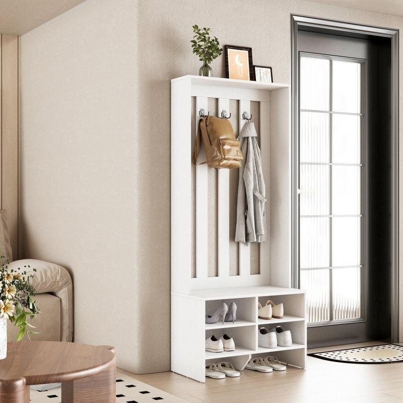 Beyaz Ahşap Oturaklı ve Çekmeceli Portmanto Vestiyer - 321 cm - 159538