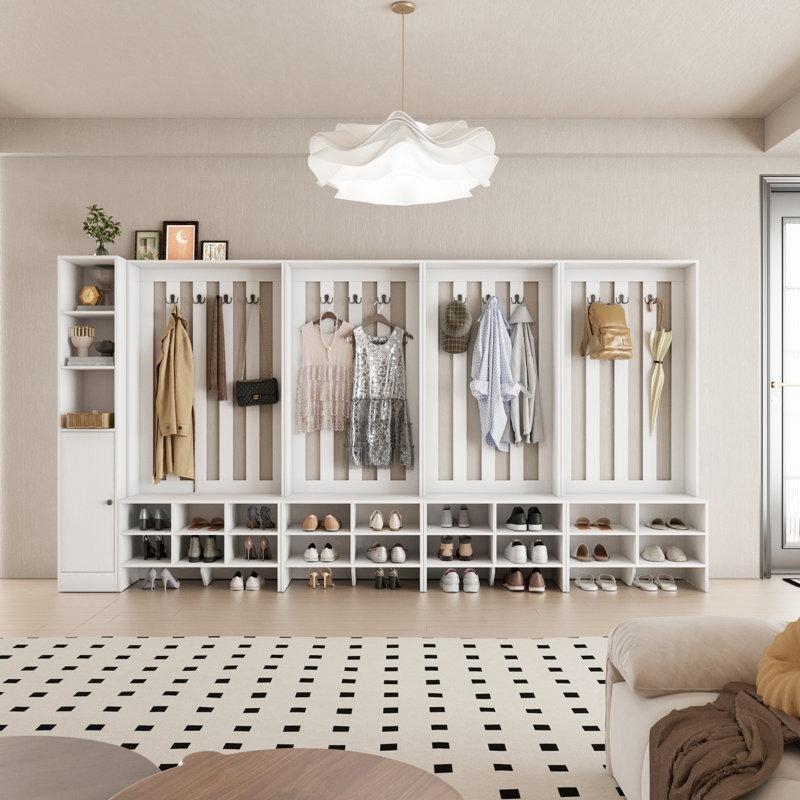 Beyaz Ahşap Oturaklı ve Çekmeceli Portmanto Vestiyer - 321 cm - 159538