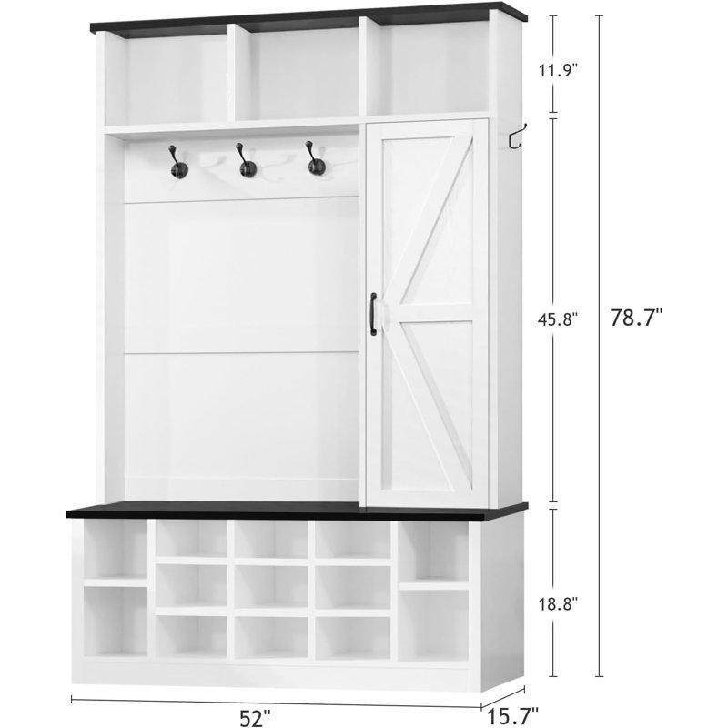Beyaz Ahşap Oturaklı ve Sürgülü Ahır Kapaklı Ayakkabılıklı Portmanto Vestiyer - 133 cm - 159559