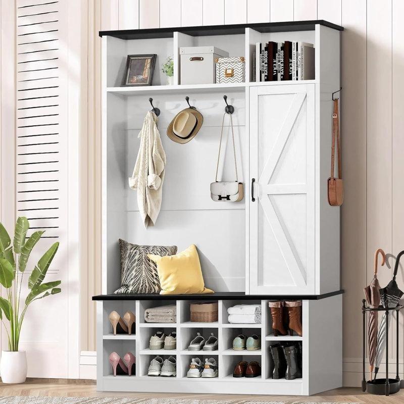 Beyaz Ahşap Oturaklı ve Sürgülü Ahır Kapaklı Ayakkabılıklı Portmanto Vestiyer - 133 cm - 159559