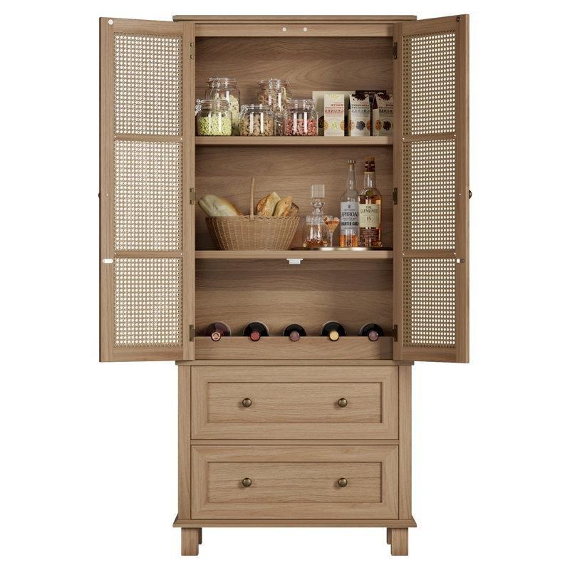 Beyaz Ahşap Rattan Görünümlü 2 Çekmeceli Vitrin - Gümüşlük - 163x74 cm - 157366